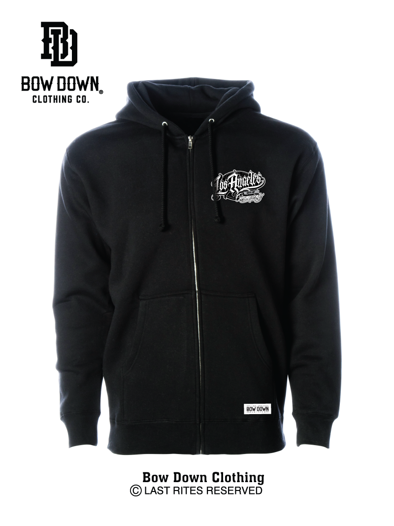 Front of Black hoodie with Los Angeles City of Champions graphic by Maxx242 x Bow Down Clothing