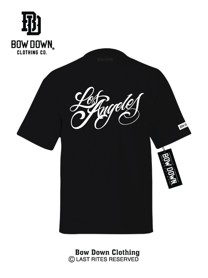 Black tshirt with Los Angeles Script graphic by Maxx242 x Bow Down Clothing