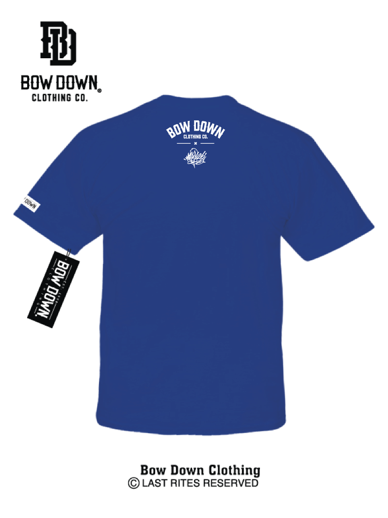 Back of Blue tshirt with Los Angeles Script graphic by Maxx242 x Bow Down Clothing