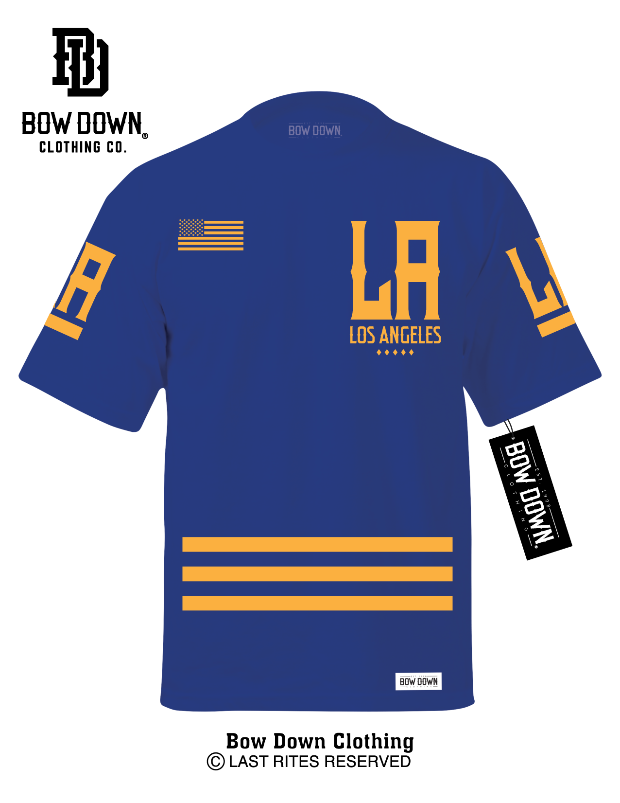 LOS ANGELES JERSEY - GOLD ON ROYAL BLUE T-SHIRT – BWDWN