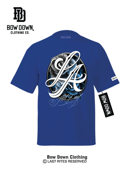 Blue Tshirt with bandana roses LA ALL DAY graphic by Maxx242 x Bow Down Clothing