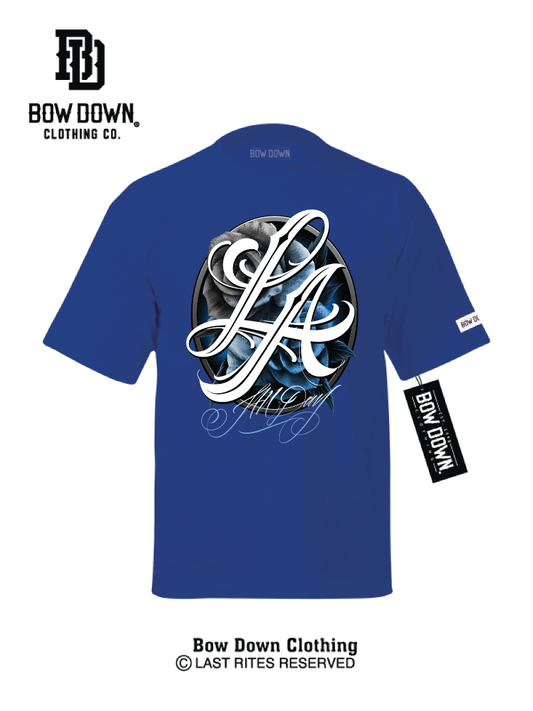 Blue Tshirt with bandana roses LA ALL DAY graphic by Maxx242 x Bow Down Clothing