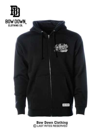 Front of Black hoodie with Los Angeles City of Champions graphic by Maxx242 x Bow Down Clothing