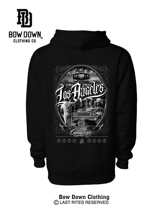 Back of Black hoodie with Los Angeles City of Champions graphic by Maxx242 x Bow Down Clothing