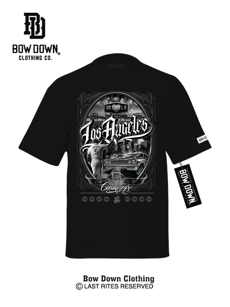 Black tshirt with Los Angeles City of Champions graphic by Maxx242 x Bow Down Clothing