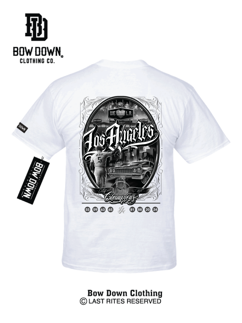 White Tshirt Los Angeles City of Champions Baseball Maxx242 x Bow Down Clothing