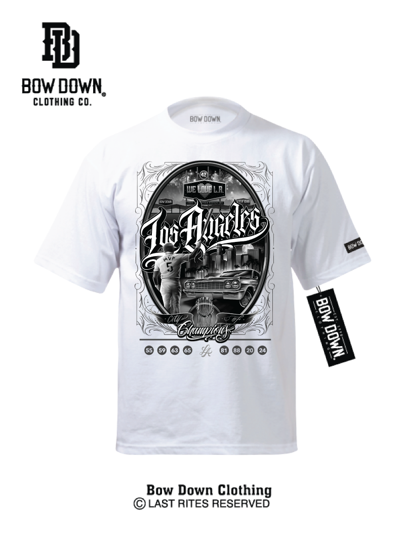 White tshirt with Los Angeles City of Champions graphic by Maxx242 x Bow Down Clothing