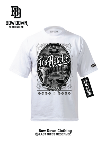 White tshirt with Los Angeles City of Champions graphic by Maxx242 x Bow Down Clothing