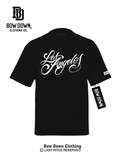 Black tshirt with Los Angeles Script graphic by Maxx242 x Bow Down Clothing