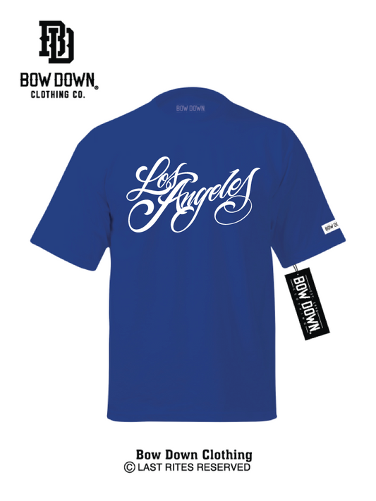 Blue tshirt with Los Angeles Script graphic by Maxx242 x Bow Down Clothing