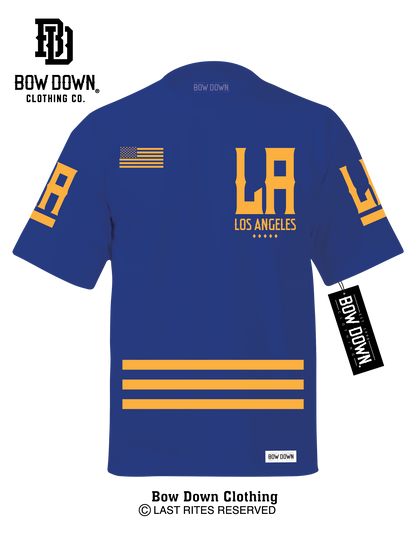 LOS ANGELES JERSEY - GOLD ON ROYAL BLUE T-SHIRT